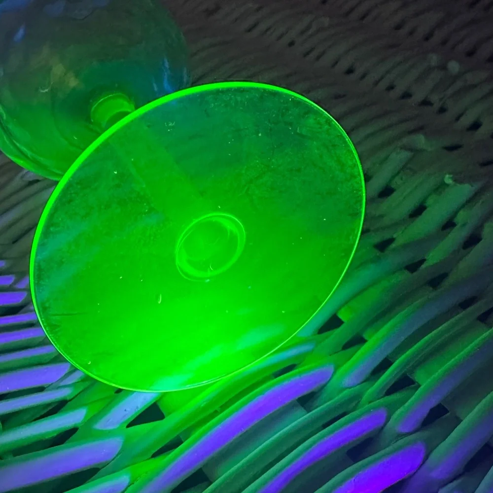 Vintage Uranium Glass Goblets Pair Tiffin Green Diamond Optic UV Glow